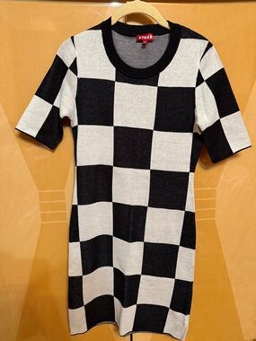 STAUD Black and White Checkerboard Knit Dress